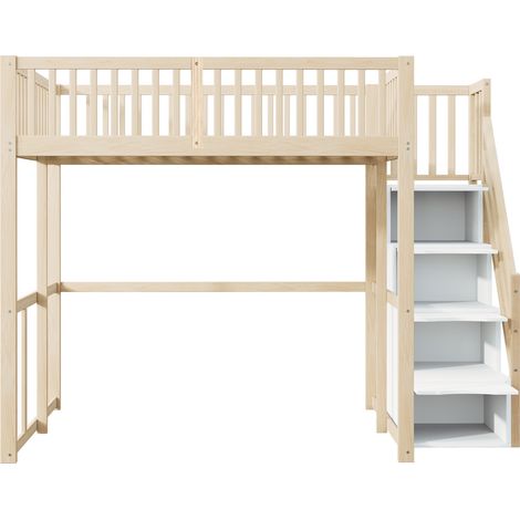 Lit mezzanine 140 x 200 cm en pin avec escalier de rangement et barrière de sécurité (1/5)