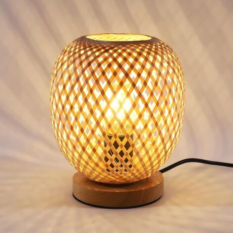 Bambou Tissé Lampe de Table, Lampe de Chevet Abat-Jour en Bambou Design avec Base en Bois Naturel pour Chambres à Coucher, Bureau, Salle à Manger et Salon