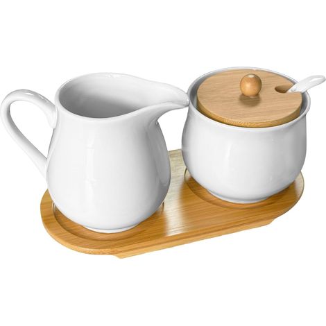 Set Lait et Sucre, Contient Pot a Lait avec Plateau en Bois et Sucrier avec Couvercle et Une Cuillère, Pot à Lait en Céramique et Sucrier, Passe au Micro-Ondes et au Lave-Vaisselle (Blanc) (1/5)