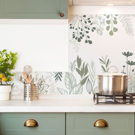 Crédence cuisine en aluminium - floral vert sauge - 200x20 cm (en 2 bandeaux)