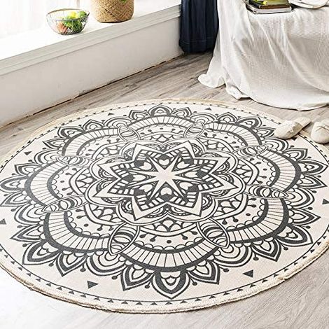 Alfombra redonda de 120 cm, con estampado de mandala, de algodón tejido a mano, con borlas, ideal para salón o dormitorio infantil. (1/5)