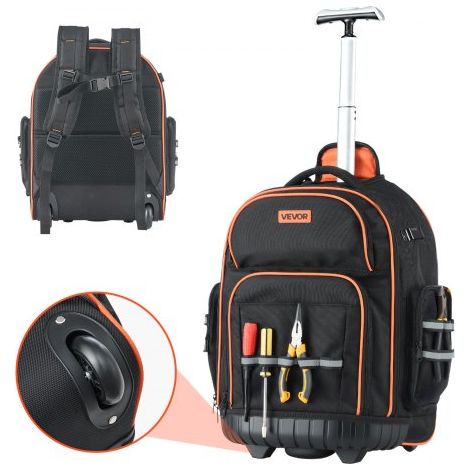 Mochila con Ruedas de 440 x 250 x 480 mm Capacidad de Carga de 50 kg Mochila de Herramientas Resistente con 45 Bolsillos, Asa Telescópica Ajustable y Base Estable para Construcción y Mecánico (1/5)