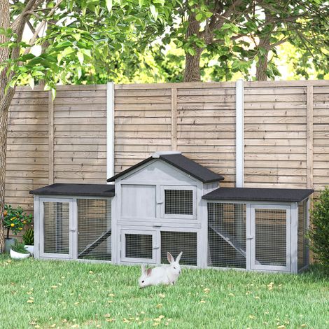 Conejera de Exterior Grande Jaula de Madera para 2-4 Conejos con Techo Asfáltico Recinto de Alambre Bandeja Extraíble y Rampas 210x45,5x84,5 cm Gris y Negro (1/5)