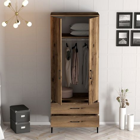 Guardaroba 2 Ante Paolina, Armadio Camera da Letto un Ripiano, 2 Cassetti, Appendiabiti, 80x201h cm Marrone Noce (1/5)