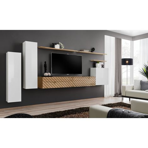 Ensemble de 7 meubles muraux "Switch" pour TV en bois - Blanc et Bleige - L 330 x H 160 x P 40 cm - Livraison gratuite