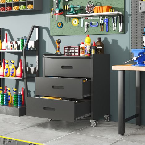 Carro portaherramientas metálico con ruedas, 3 cajones, 75 x 42 x 88 cm, negro/gris (1/5)