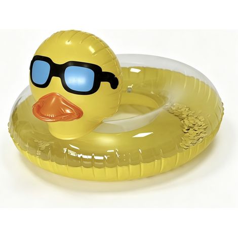 Bouée de bain canard jaune avec lunettes de soleil et paillettes – Extra large 102 cm, épaisse et résistante aux fuites, pour enfants et adultes (1/4)