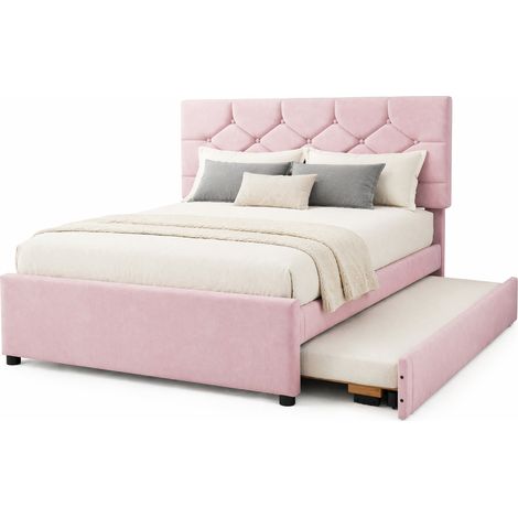 Lit capitonné 140x200 cm avec lit gigogne, velours rose, sommier à lattes, sans matelas, design minimaliste et tête de lit à boutons, CHICFURN (1/5)