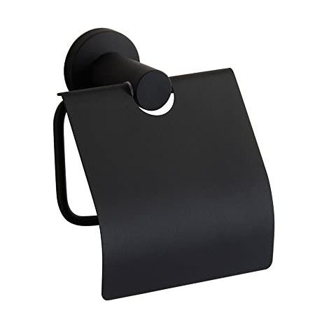 Noir Base Ronde Mat Porte Rouleau Papier Toilette Noir avec Rabat Distributeur Papier Hygiénique WC avec Couvercle Murale en Acier Inoxydable 304 pour WC Salle de bain Toilettes (1/5)