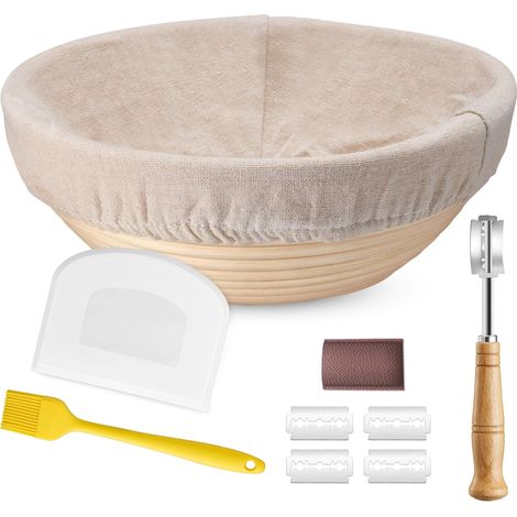 Panier de fermentation rond de 25 cm avec doublure, couteau à boulanger, spatule et pinceau à pâtisserie, corbeille à pain au levain, accessoires de cuisson pour boulangers domestiques (1/5)