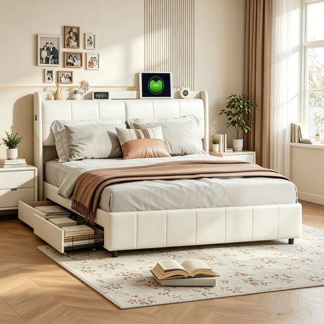 lit 160x200cm, lit double avec port USB, Tiroirs de rangement, Sommier à Lattes, Lit Rembourré, Chambre moderne, PU, Blanc (1/5)