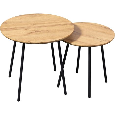 Home Heavenly® – Set de 2 mesas auxiliares MAR, diseño moderno con estructura metálica negra y tapas redondas de MDF Color: Roble (1/4)