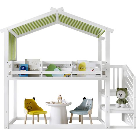 Canopy Bunk Bed with Staircase & Bookshelf - 3ft Single, 90x190cm, Kids & Teen Bed, White & Green, MDF+Pinewood (1/5)
