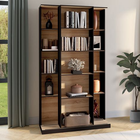 ALPHONSE Librería corredera 5 niveles 15 nichos madera y negro