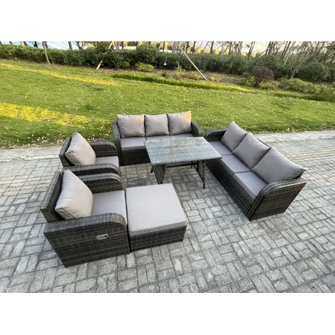 Fimous 9 places Ensemble de canapés en rotin Table & Fauteuil avec Canapé 3 places Table à manger rectangulaire Grand tabouret Gris foncé mixte (1/5)