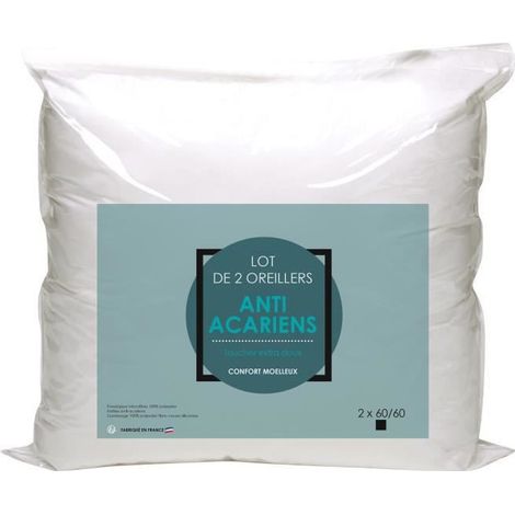 Les Tendances – Lot de 2 oreillers microfibre 60x60cm – Anti-acariens – Enveloppe 100% polyester – Garnissage siliconé 500g – Finition bourdon apparent