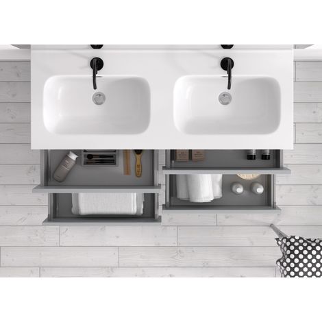 Meuble de salle de bain OROSI 6 tiroirs 120 cm Béton avec double lavabo et miroir LED carré (1/2)