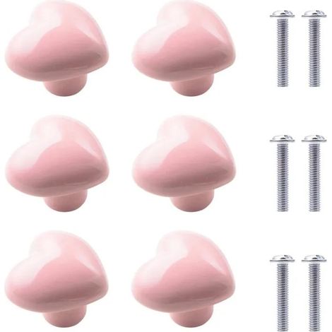 Boutons en céramique rose en forme de cœur, lot de 6, avec vis, pour tiroirs et placards (1/5)