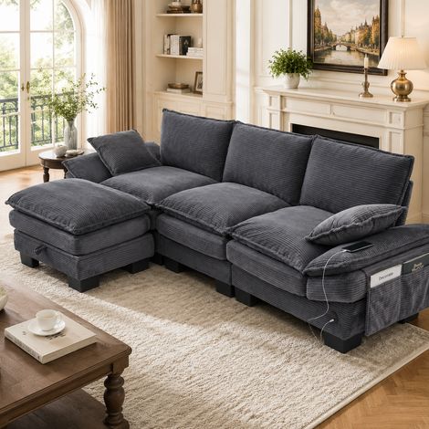 Sofa modulare a 3 posti in corda (con 1 pouf) – ampia superficie di seduta, design ergonomico, imbottitura in schiuma ad alta densità, porta USB-C e tasche laterali. Ideale per soggiorno, ufficio o lo (1/5)