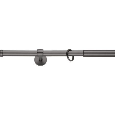 ondeco Gardinenstange ausziehbar 1-lauf, Vorhangstange Fenster Wand-Deckenmontage, Endstück Cap Komplettgarnitur Teleskopstange 16/19 mm mit Ringen -  Eisen-Brush - 120-210 cm