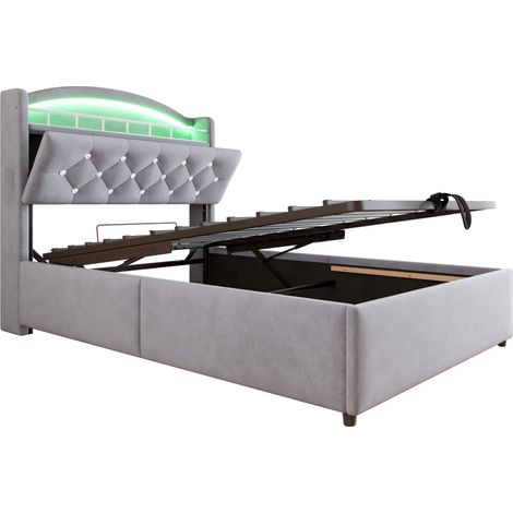 Letto imbottito per bambini 90 x 200 cm grigio con contenitore, LED e USB in velluto HOMVRA (1/5)