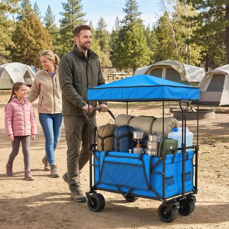 Chariot de jardin pliable avec grandes roues verrouillables, poignée réglable et porte-gobelet pour le camping, 125 x 59 x 133 cm, bleu