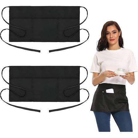 Conjunto de 2 delantales de camarero negros, con 3 bolsillos, aptos para hombres y mujeres, para restaurantes, bares, cocinas y servicio profesional.