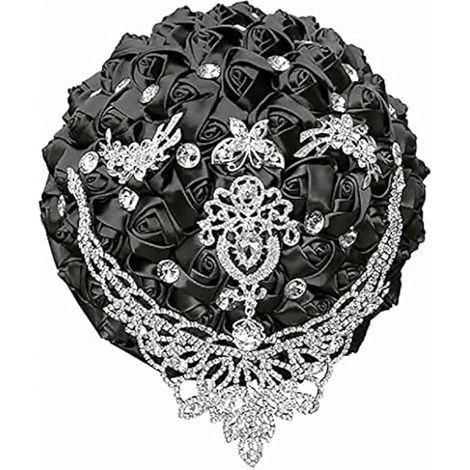 Bouquet de mariée de luxe fait à la main - Grande rose en soie - Bouquet de fleurs artificielles avec ruban de satin, perles et strass - Bouquet de mariage royal vintage (noir) (1/3)