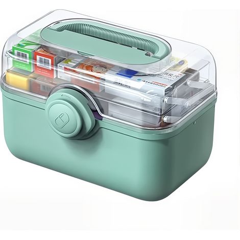 Boîte médicale en conteneurs de rangement de premiers secours plateau pliable à 3 niveaux avec pilulier amovible 28x20x16cm Plastique Vert (1/4)
