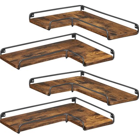 Étagère d'angle en Forme de L, Lot de 4, Étagère Murale, Tablette Flottante, Style Industriel, pour Salon, Chambre, Cuisine, Marron Rustique et Noir LLS832B01 (1/5)