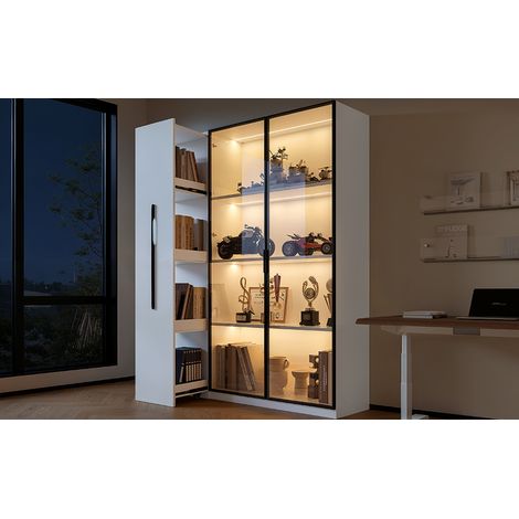 Vitrine colonne en MDF avec porte en verre ambré, éclairage LED intégré et tiroir latéral sur roulettes pour salon (1/5)