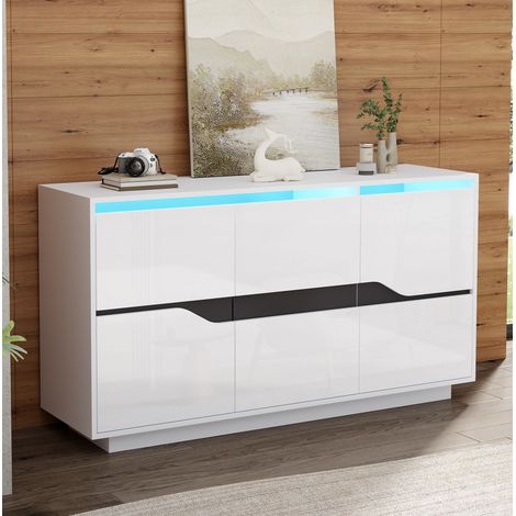 Sideboard 140x40x70 cm, 3 ante, ripiani regolabili, LED, finitura lucida, truciolato bianco e nero (1/5)