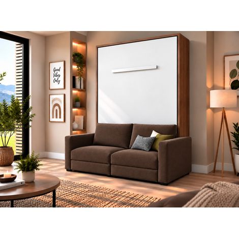 Lit escamotable vertical KIMBER avec canapé tissu intégré – Le salon le jour, un vrai lit la nuit Marron Noyer-120x200-Cadre Noyer-Façade Blanche-Canapé Marron (1/5)