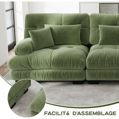 Canapé d angle vert en chenille avec ottoman, 2 coussins lombaires et 2 coussins décoratifs, larges accoudoirs pour salon et séjour (1/5)