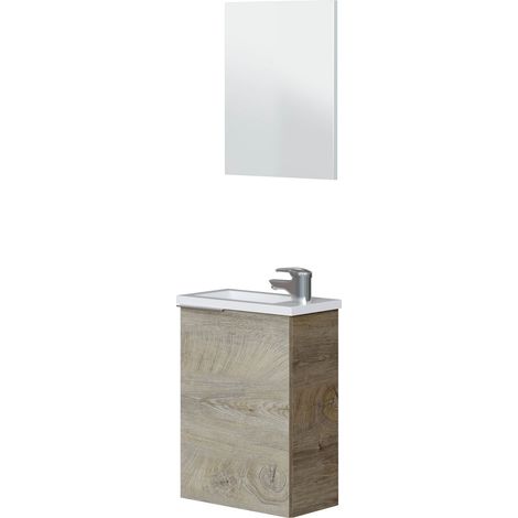 Mueble de baño suspendido ahorraespacio 40 cm 1 puerta roble con espejo y lavabo encastrado – España - Roble claro 40 cm Con lámpara Led