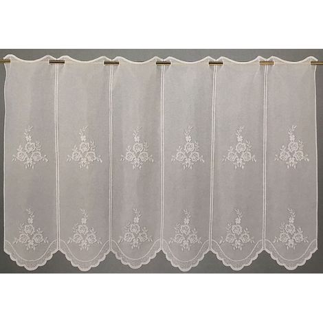 Homemaison – Brise bise en étamine brodée blanc 90x60 cm – Bas arrondi avec boutonnières – 100% polyester – Lavable en machine à 30°C
