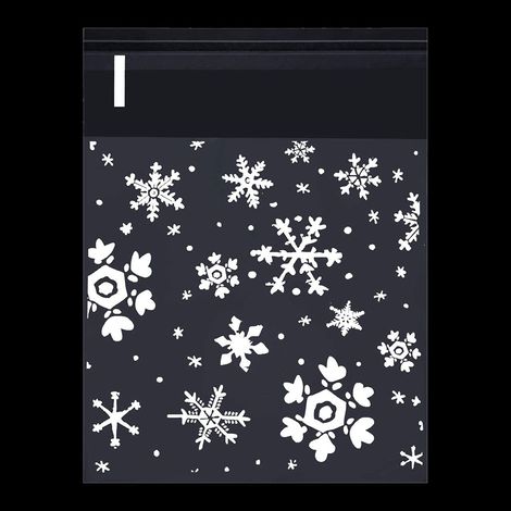 100 sachets cadeaux de Noël en plastique, imprimés avec des flocons de neige, pour emballer des bonbons. (1/5)