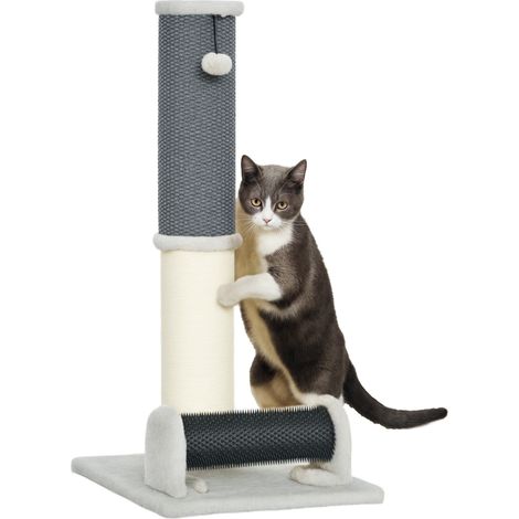 Sisal-Kratzbaum für Katzen mit Selbstpflegebürste und Spielball, 40 x 48 x 85 cm, Grau und Creme