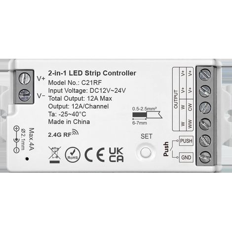 Dual function C21RF 2.4G controller, universal for dimming and color adjustment of monochrome/CCT LED strips.