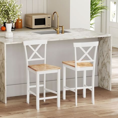 Set di 2 sgabelli da bar con schienale e poggiapiedi, in legno di caucciù, per cucina, sala da pranzo, bar, rovere+bianco