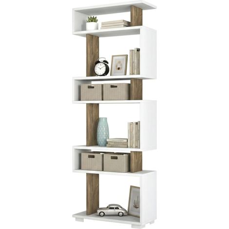 Dmora - Libreria Doralice, Scaffale da ufficio, Mobile portalibri, Biblioteca, 60x20h165 cm, Bianco e Noce
