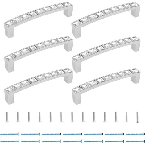 JSSEVN - Set of 6 silver zinc alloy crystal drawer handles for kitchen cupboards, bedroom, 96 mm (hole centers) (1/5)