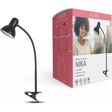 Lámpara de escritorio Nika E27 con pinza, negra. (1/3)
