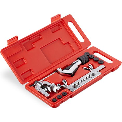 Relaxdays Flaring Tool, Set with Pipe Cutter, 5 - 16 mm, Brake Tube Kit, for Copper & Aluminium Pipes, Silver/Black/Red
