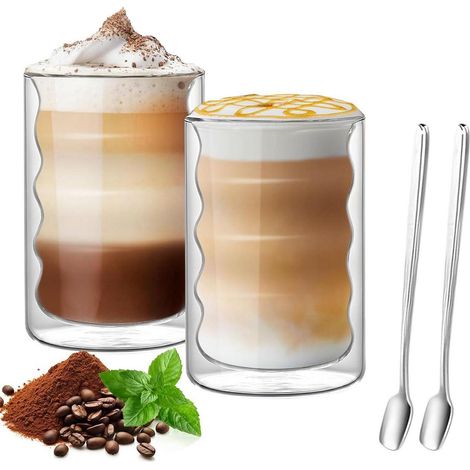Verres double paroi Set 2x400ml avec 2 cuillères pour Latte Macchiato & boissons chaudes
