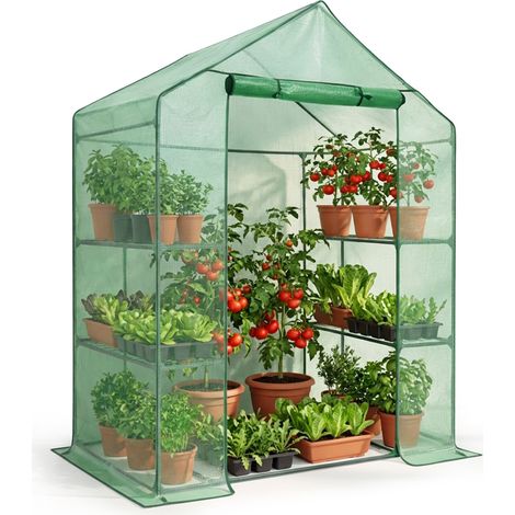 Mini invernadero de jardín tipo caseta con estructura metálica y cubierta de PE con estantes, 1 puerta Verde 143x73x195 cm (1/5)