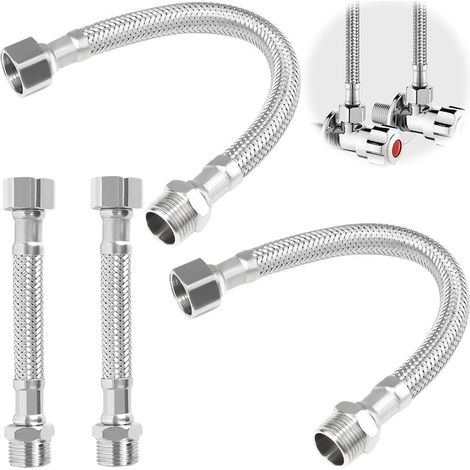 4 Pièces Flexible Robinet Cuisine Connecteurs, 10cm/ 20cm Tuyau Flexible 3/8", 304 Tressé en Acier Inoxydable Tuyau blindé (1/5)