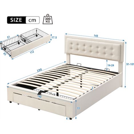 Lit double velours beige 140x190 avec sommier à lattes bois, tête de lit rembourrée, coffre de rangement hydraulique et 2 tiroirs, literie complète confortable (1/5)