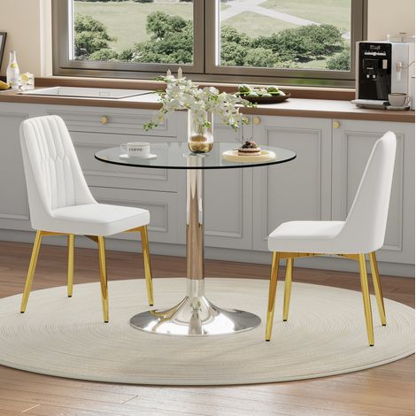 Conjunto de comedor, mesa redonda de cristal de 85x85x76 cm con 2 sillas, blanco, dorado y plateado (1/5)