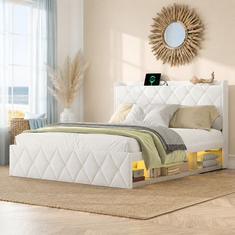 Cama tapizada 140 x 200 cm con puertos USB, tira LED y almacenaje, blanca DESVIAE (1/5)
